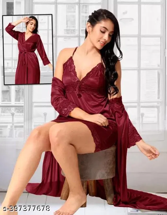 Satin Nightdress Set for Women (Maroon, Free Size)