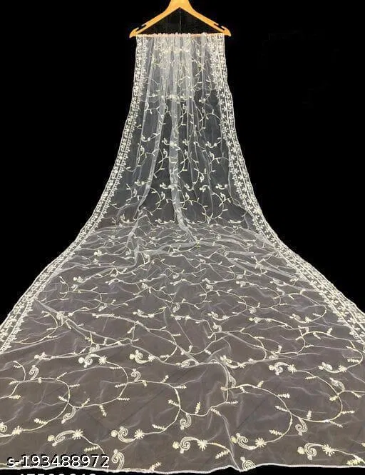 Botanical Embroidered Net Dupatta for Women (White, Free Size)