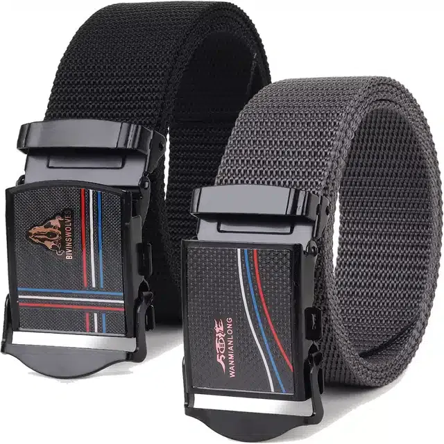 Casual Nylon Belts for Men (Black & Grey, Pack of 2)