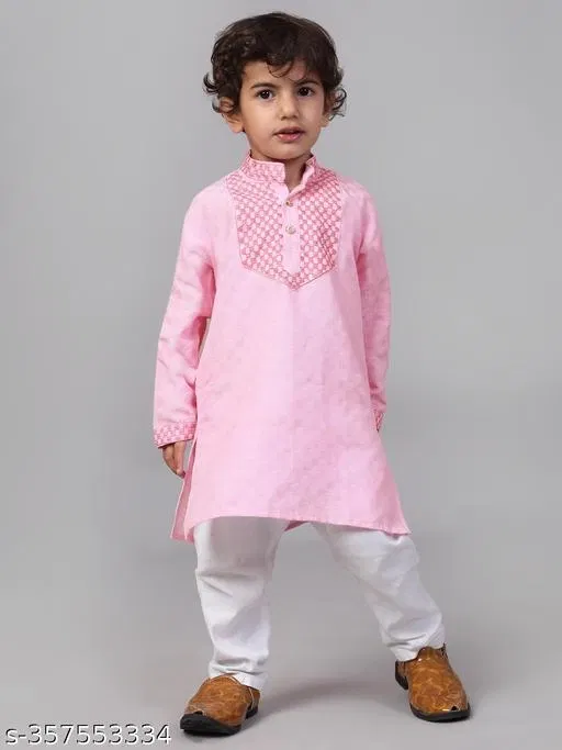 Cotton Blend Kurta with Pyjama for Boys (Pink & White, 12-18 Months)