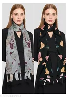 Printed Chiffon Scarves with Tassels for Women, Multicolor, Pack of 2