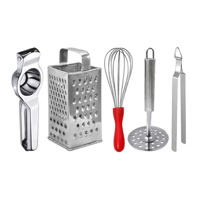 Oc9 Stainless Steel Lemon Squeezer & 4 in 1 Grater Or Slicer & Egg Whisk & Potato Masher & Roti Chimta Kitchen Tool Set (O-154)