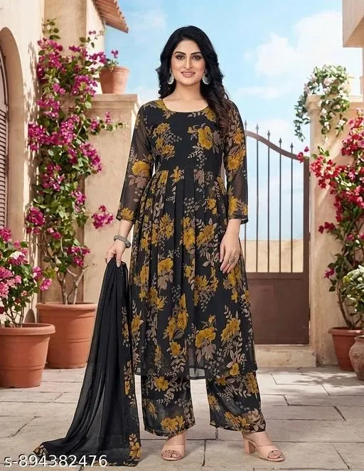 Georgette Kurta Set for Women (Black, L)
