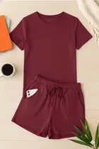 Cotton Blend Solid Top & Bottom Set for Women, Maroon 