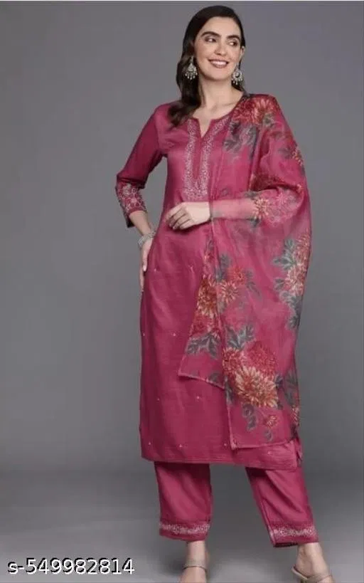 Jute Silk Kurta Set for Women (Pink, XXL)