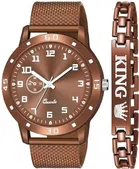 Analog Watch with Bracelet for Men (Brown, Set of 2)