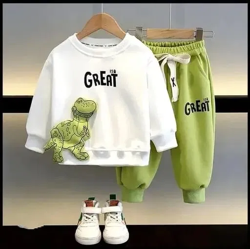 Hosiery Cotton Printed Clothing Set for Boys, White & Green (1-2 Years)