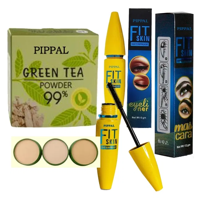 Pippal Green Tea Powder Compact (20 g) with Fit Skin Mascara (12 ml) & Eyeliner (6 ml) (Set of 3)