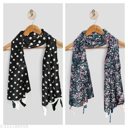 Printed Chiffon Scarves with Tassels for Women, Multicolor, Pack of 2