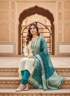 Cotton Silk Embellished Unstitched Suits Fabric for Women, Beige & Blue