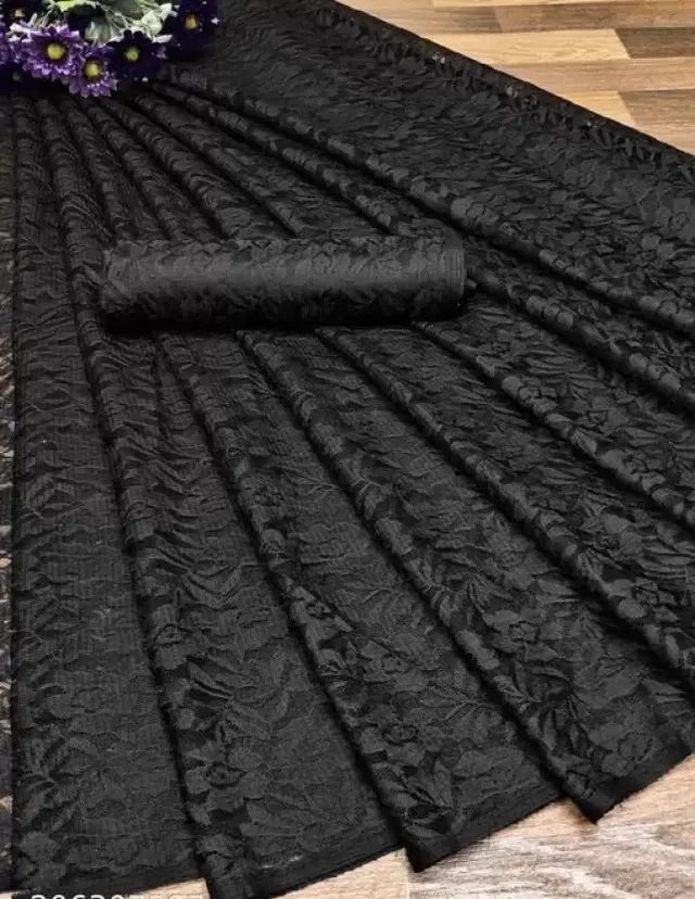 Net Floral Saree for Women (Black, 6.3 m)
