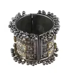 Kundan Studded Ghungroo Cuff Bracelet for Women, Silver