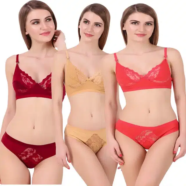 Silk Blend Lingerie Set for Women (Multicolor, 34) (Set of 3)