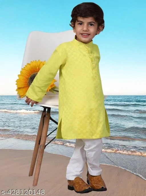 Cotton Blend Kurta with Pyjama for Boys (Lemon Yellow & White, 11-12 Years)