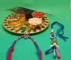 Combo of Metal Rakhi, 4.5 inch Plate, Chocolate, Greeting Card & Roli Chawal 