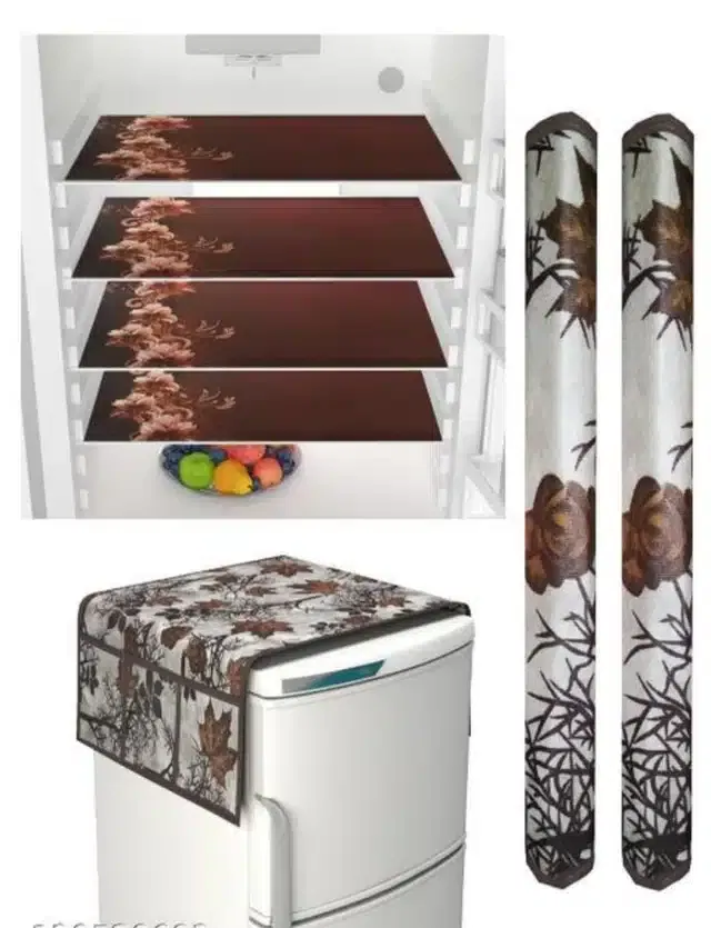 Knit Printed Fridge 4 Pcs Mat with 2 Pcs Handle & Top Cover (Brown, Set of 1)