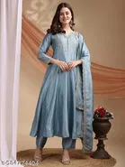 Solid Vichitra Silk Kurta Set for Women 