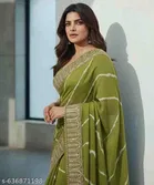Georgette Solid Saree for Women, Olive 