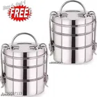 Stainless Steel 3 Layer Lunch Box (Silver, Pack of 2)