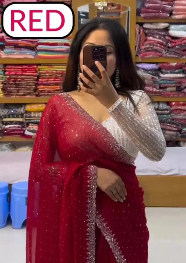 Georgette Embellished Saree for Women (Red, 6.3 m)