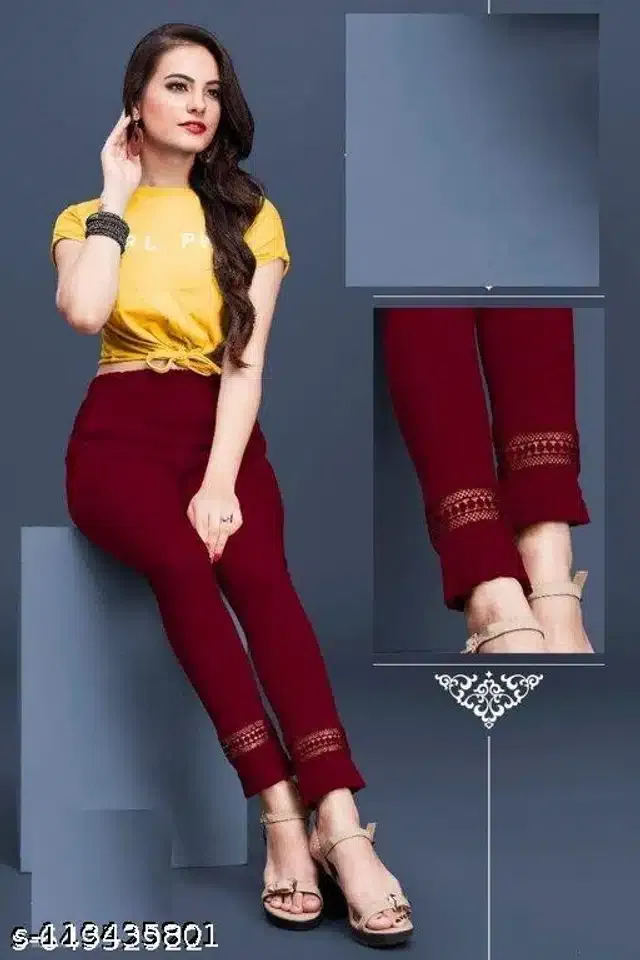 Cotton Lycra Trouser for Women (Maroon, 34)