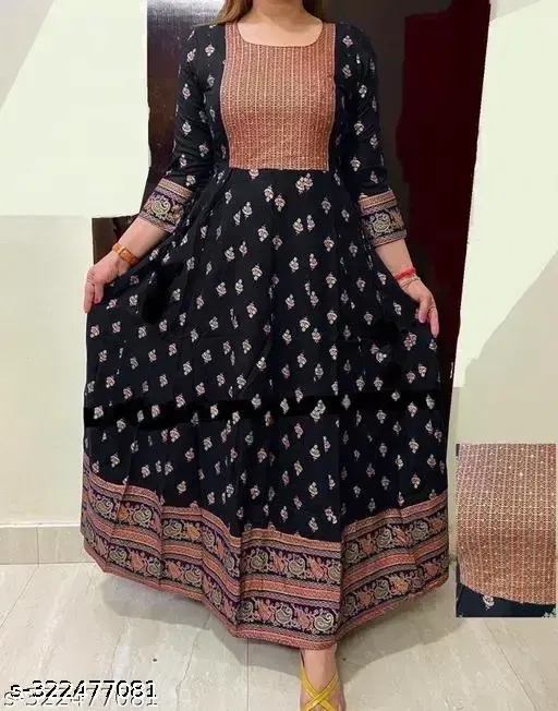 Rayon Printed Anarkali Kurti for Women (Black, XXL)