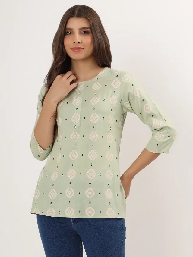 Womens Floral Print ethnic motif short Kurti (Green XXL)
