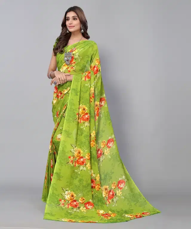 Women's Designer Georgette Floral Printed Saree with Blouse Piece (Green) (S-84)