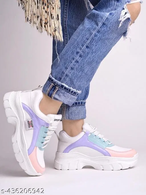 Colorblocked Synthetic Sneakers for Girls (Multicolor, 14-15 Years)
