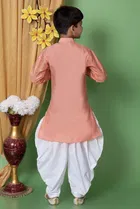 Dupion Silk Embellished Kurta with Dhoti for Boys, Peach & White 