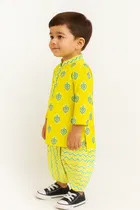 Cotton Blend Printed Kurta with Dhoti for Boys, Yellow 