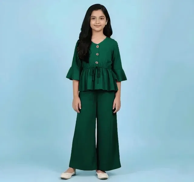 Polyester Solid Clothing Set for Girls, Bottle Green (5-6 Years)