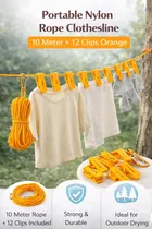 Portable Nylon Rope Clothesline 10 Meter + 12 Clips Orange