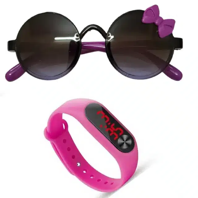 UV Protected Sunglass with Digital Watch for Boys & Girls (Purple & Pink, Set of 2)