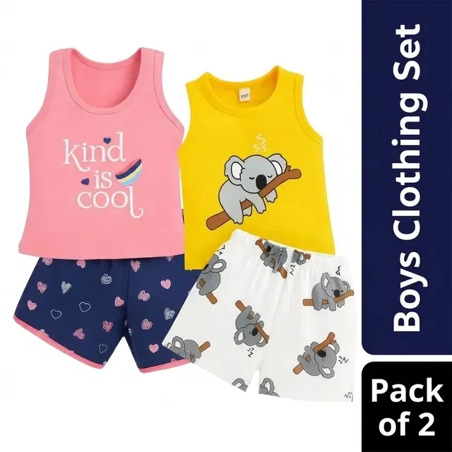 Cotton Blend Printed Clothing Set for Boys, Combo Pack of 2, Peach & Blue & Yellow & White, 2-3 Years