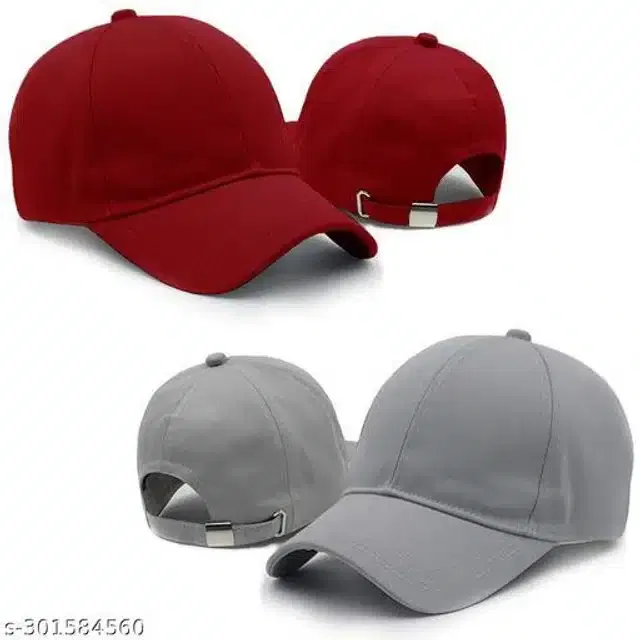 Cotton Cap for Men & Women (Red & Grey, Pack of 2)