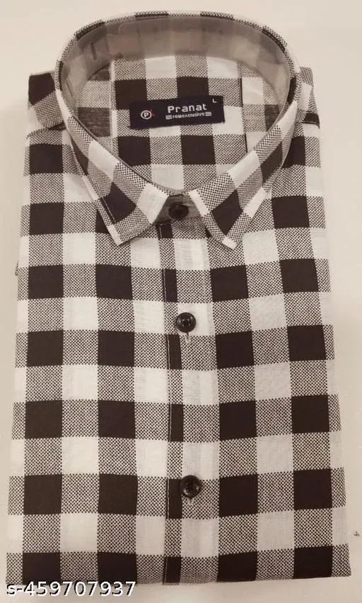 Cotton Blend Checked Shirt for Men, White & Brown (M)