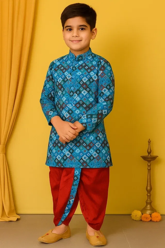 Cotton Printed Kurta with Dhoti for Boys, Blue & Red (5-6 Years)