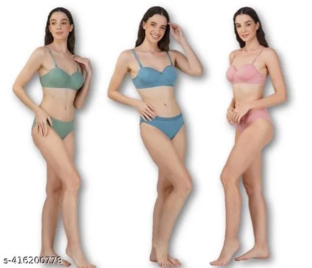 Cotton Blend Solid Lingerie Set for Women (Multicolor, 32A) (Pack of 3)