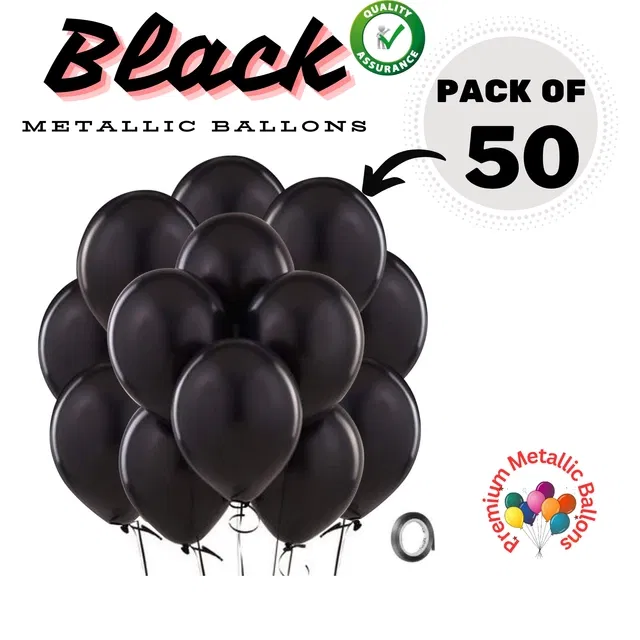 Rubber Premium Metallic Balloons for Party (Black, Pack of 50)