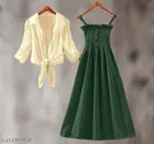Poly Crepe Dress for Women (Green & White, XL)