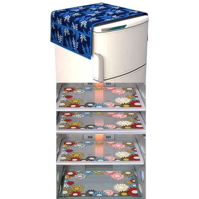 PVC Printed Refrigerator Top Cover & Mats (Multicolor, Set of 5)