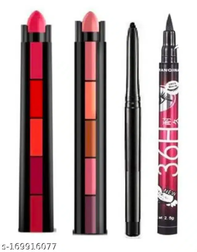 Combo of Kajal with Eyeliner & 2 Pcs Mini 5-in-1 Lipsticks (Multicolor, Set of 3)