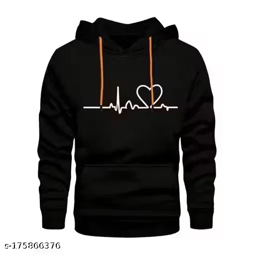 Heartline Printed Fleece Hoodie for Men (Black, L)