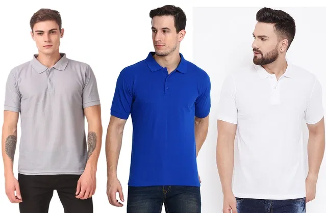 Polo Solid T-shirts for Men (Multicolor, L), Pack of 3