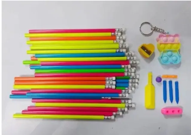 Combo of Posshe Pencils (25 Pcs) with Pop-it Keychain, Cricket Theme Eraser Set & Sharpener (Multicolor, Set of 4)
