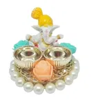 Metal Decorative Ganpati Haldi Kumkum Stand with 2 Roli Chawal Holder, Multicolor