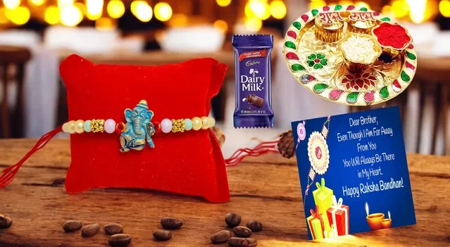 Combo of Rakhi, 4.5 inch Plate, Greeting Card, Roli Chawal & Chocolate (Multicolor, Set of 1)