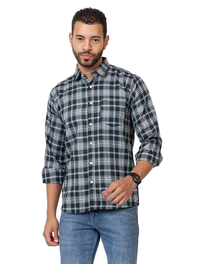 Cotton Blend Checkered Shirt for Men, Black (XL)