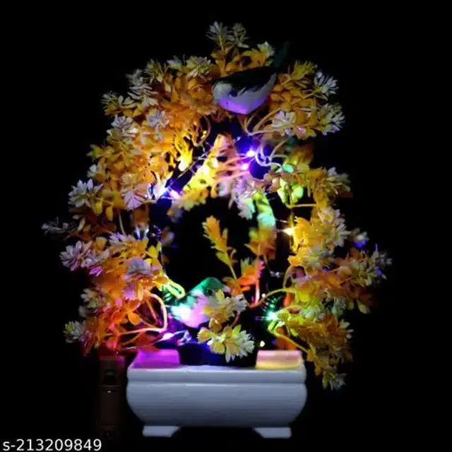 Artificial Bonsai Plant with Sparrow & Light (Yellow)